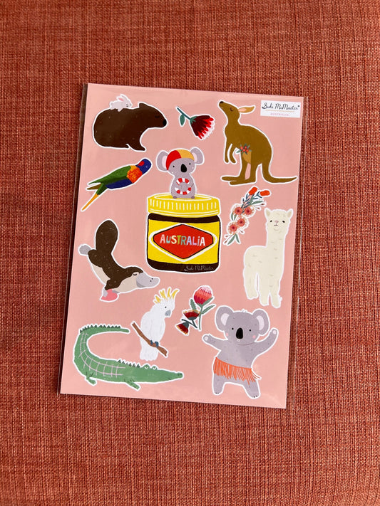 Suki McMaster Sticker sheet with Australian animals on a pink background