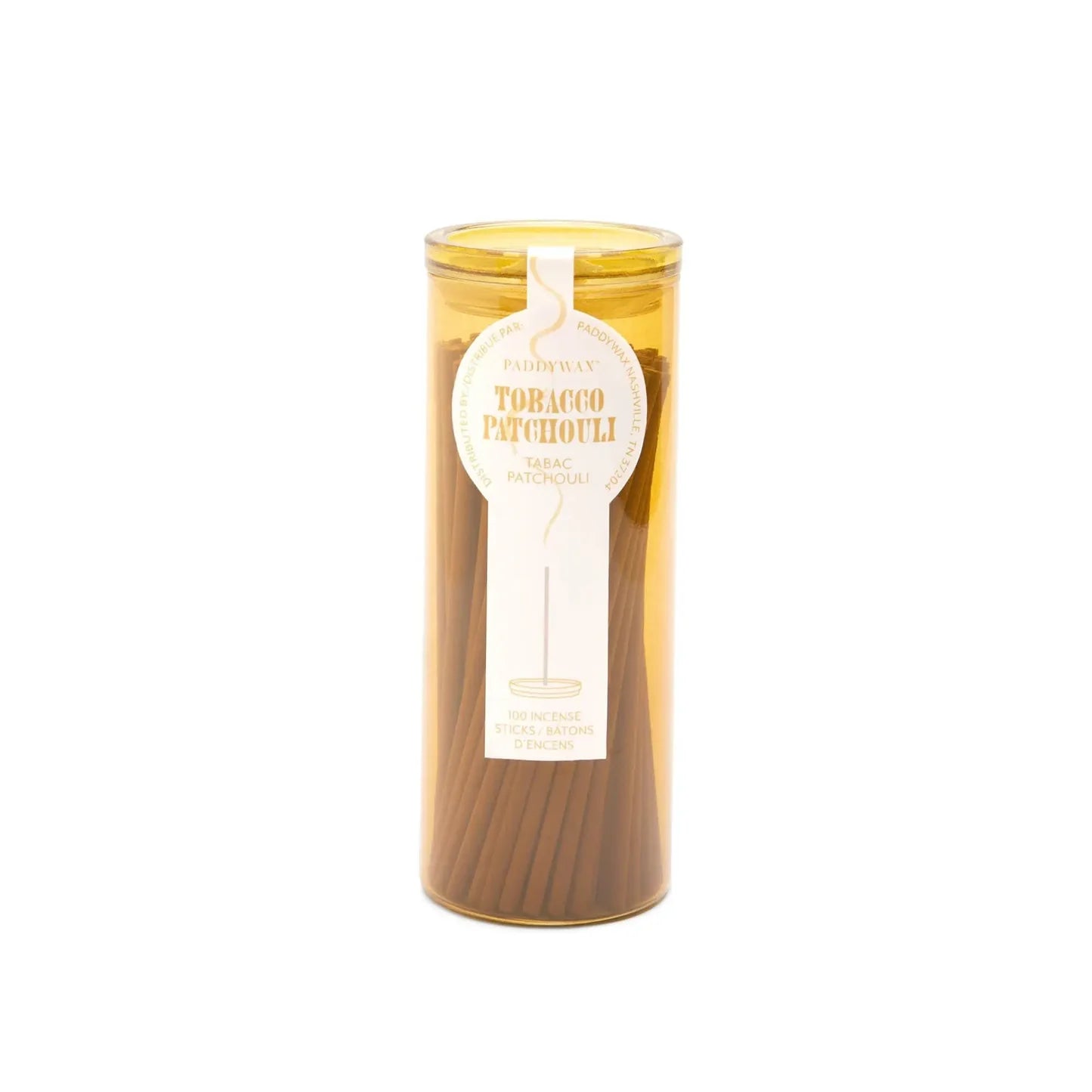 Cylindrical container of Tobacco Patchouli with a white label on a white background