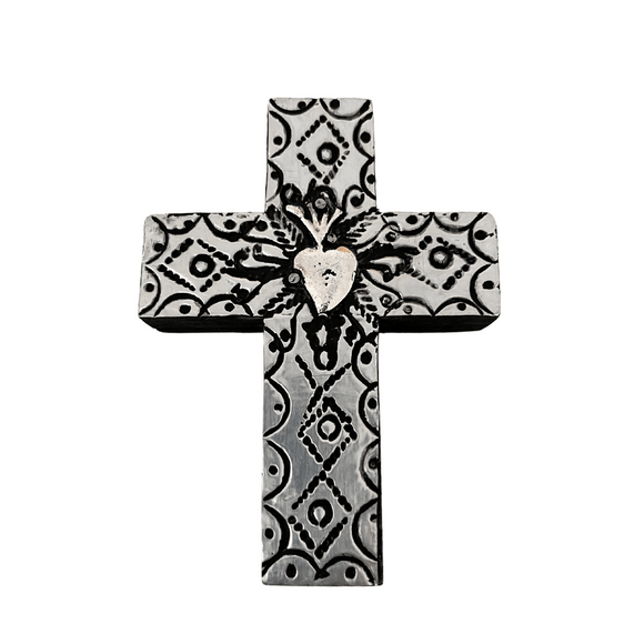 Mexican wall art- Mini wooden cross with silver finish (11x8cm)