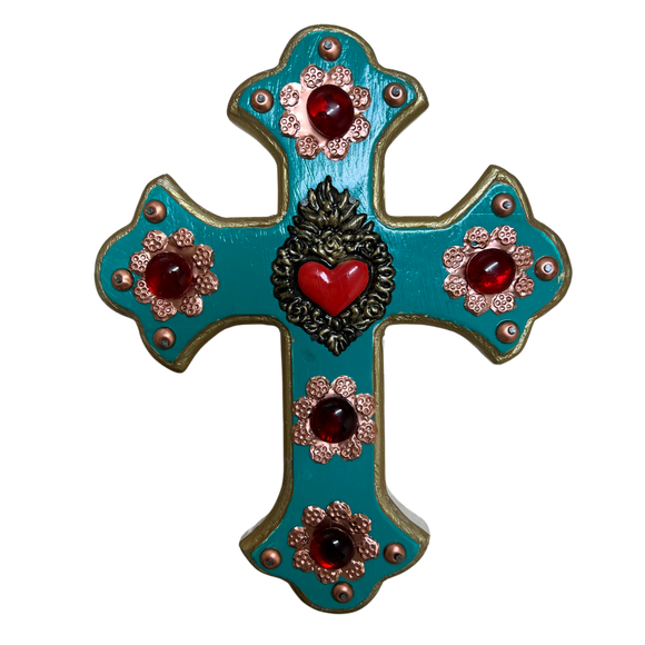 Mexican turquoise wooden cross with red stones