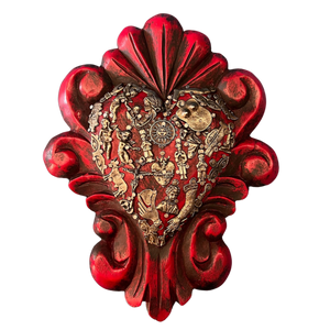 Mexican wall decoration- Wooden swirl carved heart with milagros charms 25x 19.5cm
