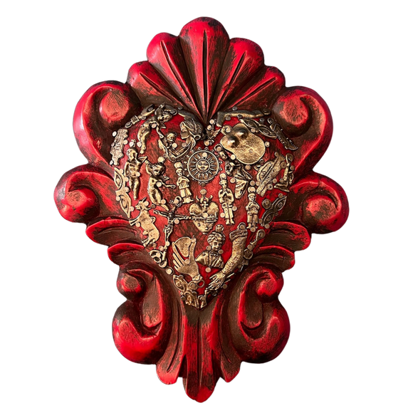 Mexican wall decoration- Wooden swirl carved heart with milagros charms 25x 19.5cm
