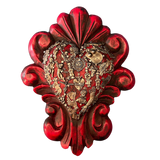 Mexican wall decoration- Wooden swirl carved heart with milagros charms 25x 19.5cm
