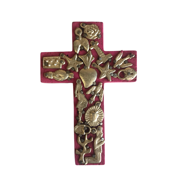 Mexican folk art small pink cross with charms (12x8cm)