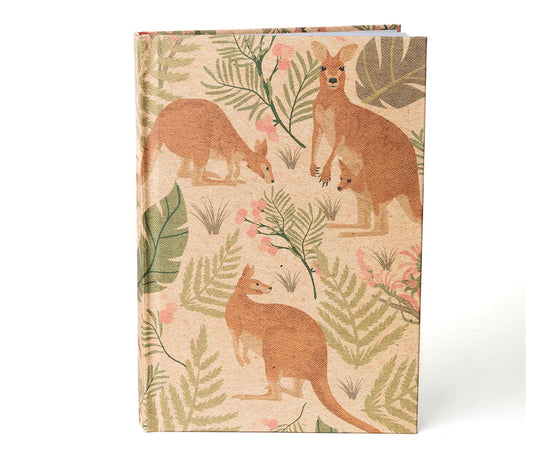 Notebook with kangaroo and leaf pattern on a beige background