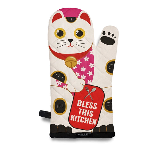 Cat-themed oven mitt with 'Bless This Kitchen' text on a white background