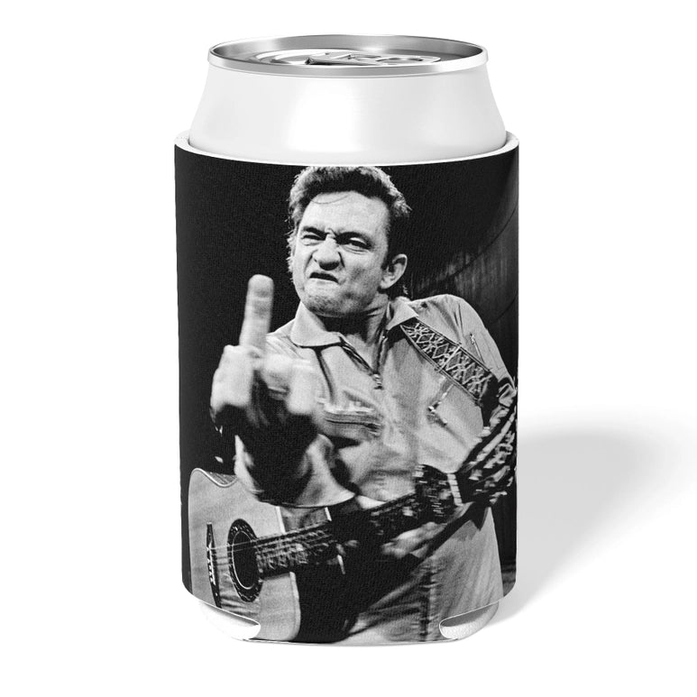 Can cooler with a black and white photo of a person playing guitar on a white background
