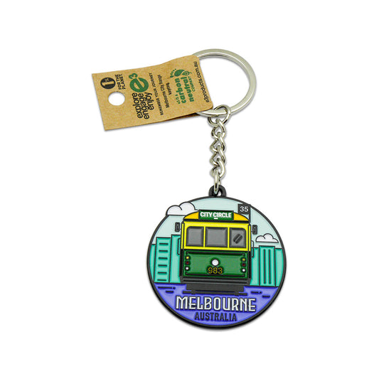 Keychain with Melbourne tram design on a white background