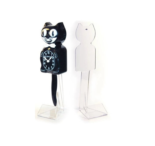 Black cat-shaped clock with clear stand on a white background