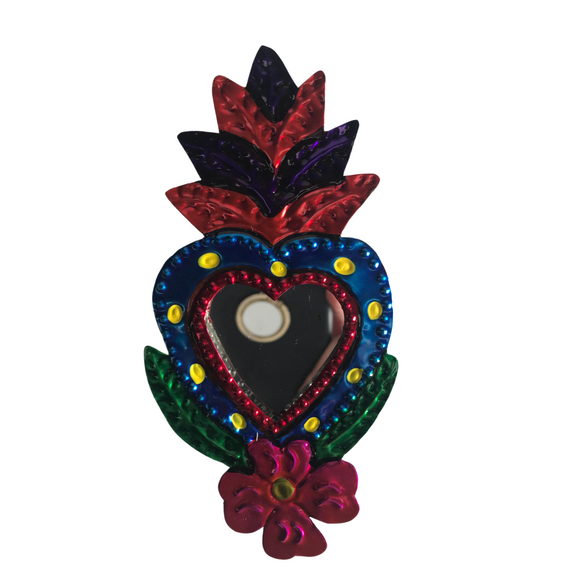 Mexican folk art- Mini colourful tin mirror with heart and flower(15cm)