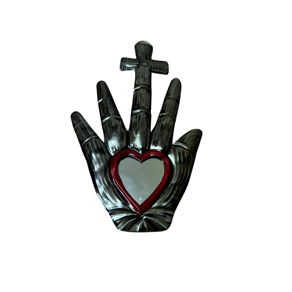 Mexican mini mirror- tin heart on hand with cross