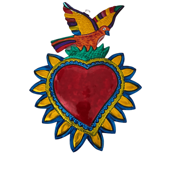 Mexican embossed tin heart and bird wall art