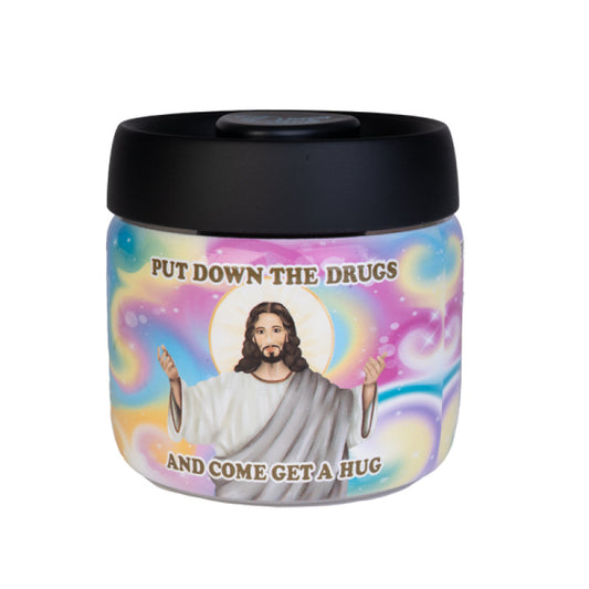 Jar with a colorful design featuring an illustration of a religious figure and text on a white background