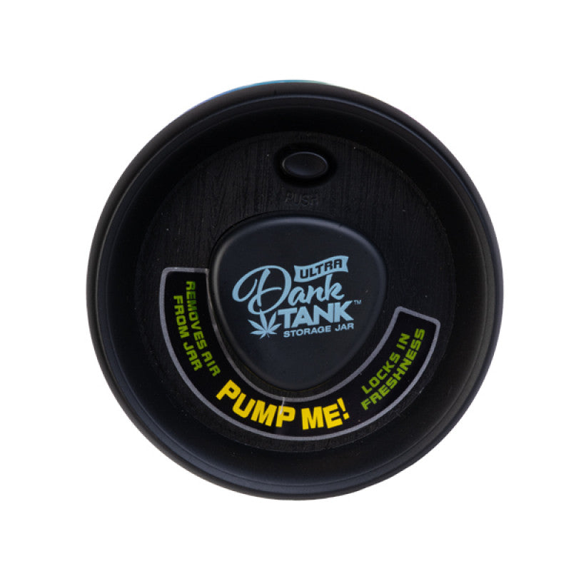 Black storage jar lid with 'Ultra Dank Tank' branding and text on a white background