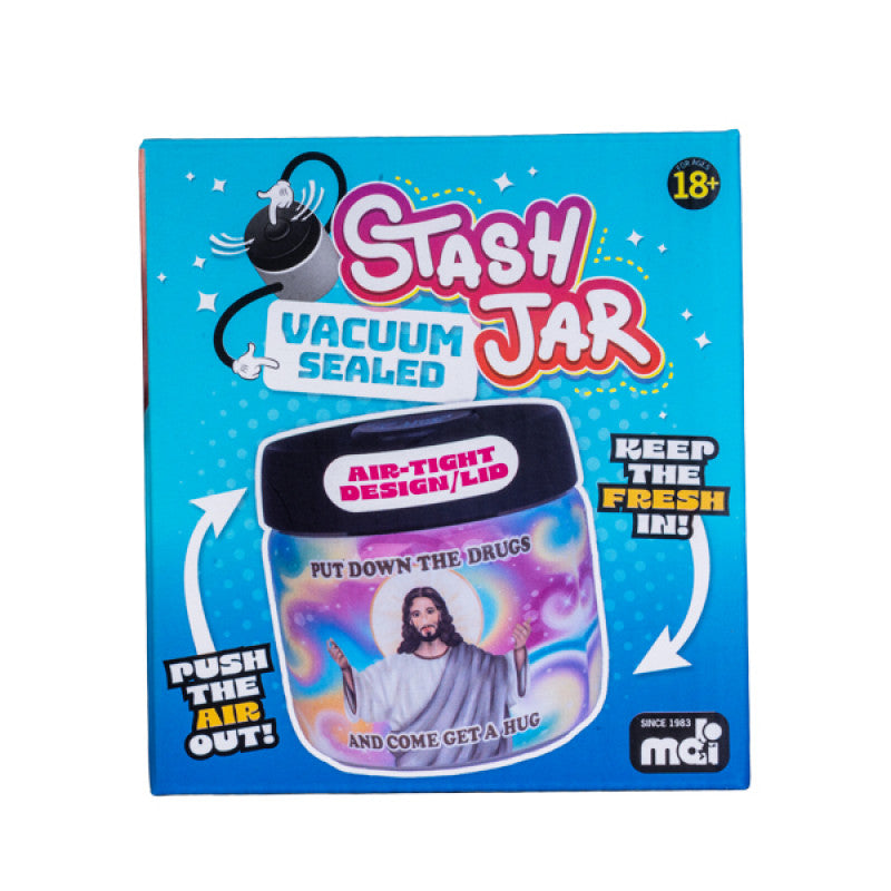 Stash jar packaging with colorful design and text on a blue background