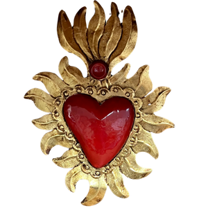 Mexican wall art- Red tin heart with gold flames