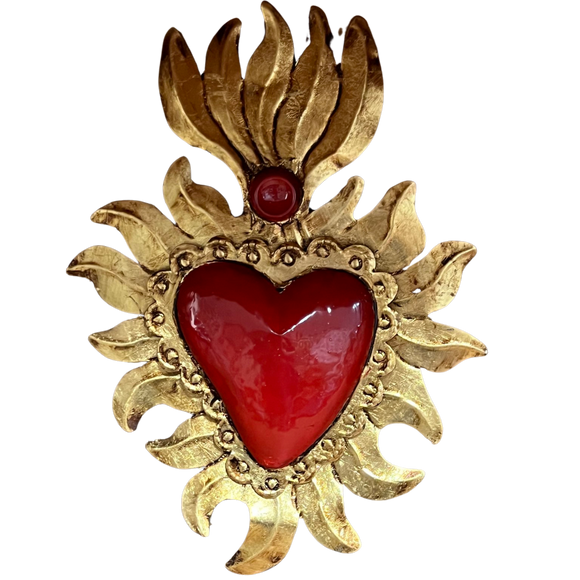 Mexican wall art- Red tin heart with gold flames