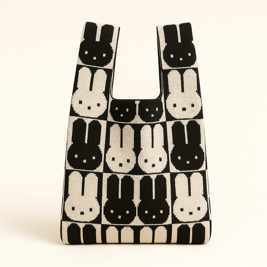 Reusable shopping bag with black and white rabbit pattern on a beige background