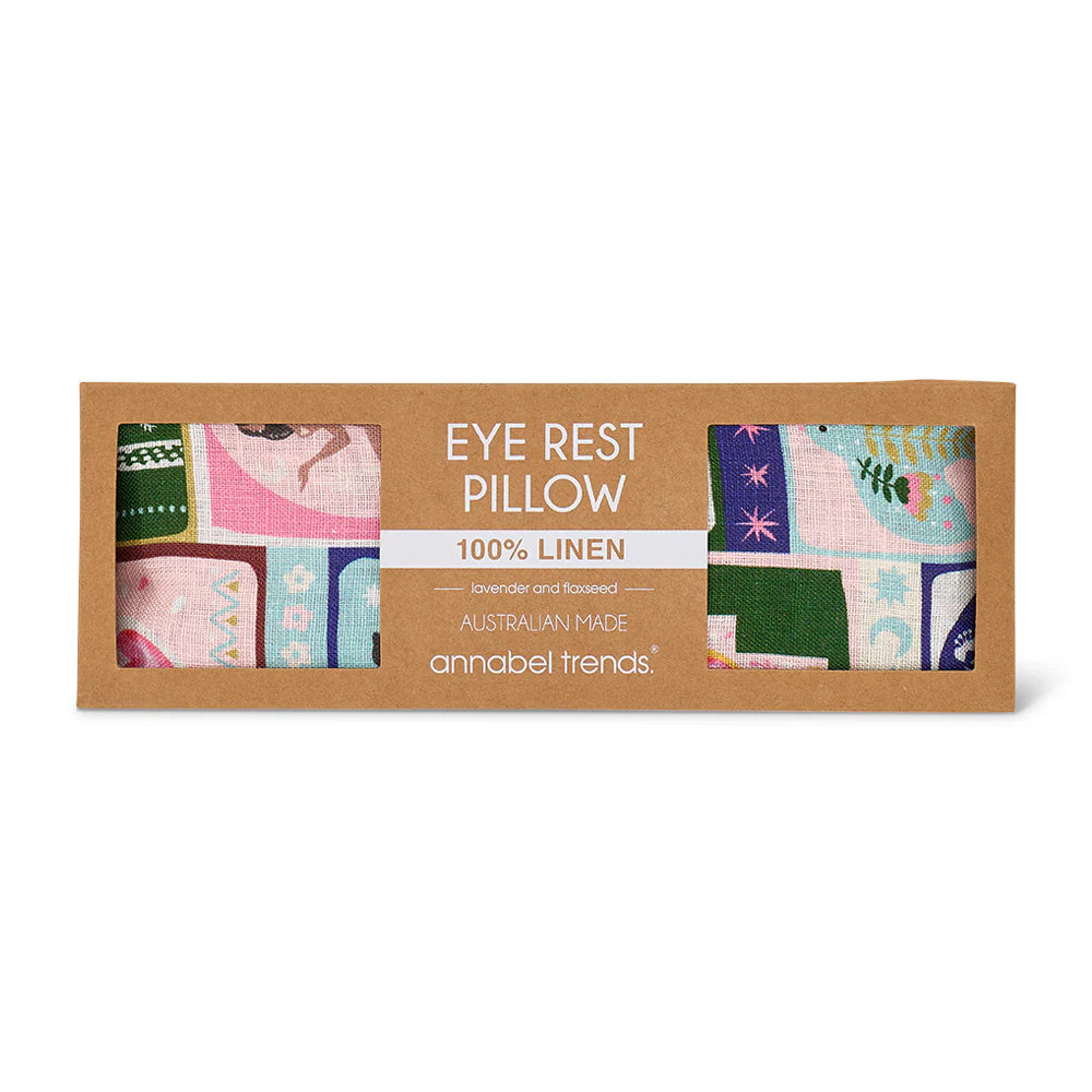 Eye rest pillow packaging with colorful patterns on a white background