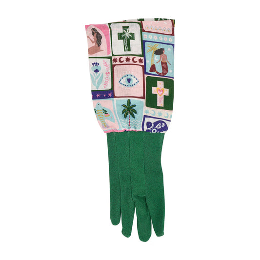 Green gloves with a colorful patchwork pattern on a white background