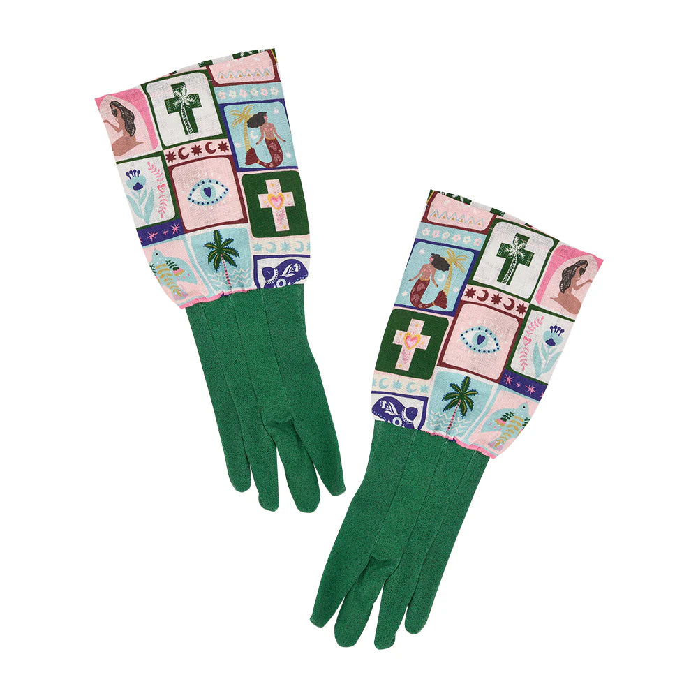 Green gloves with colorful patterned cuffs on a white background