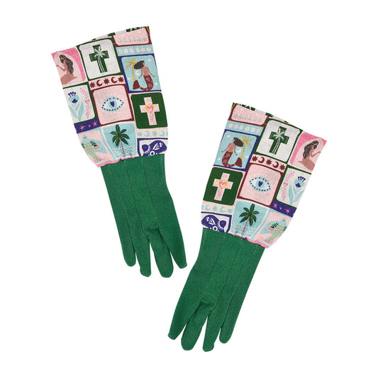 Green gloves with colorful patterned cuffs on a white background