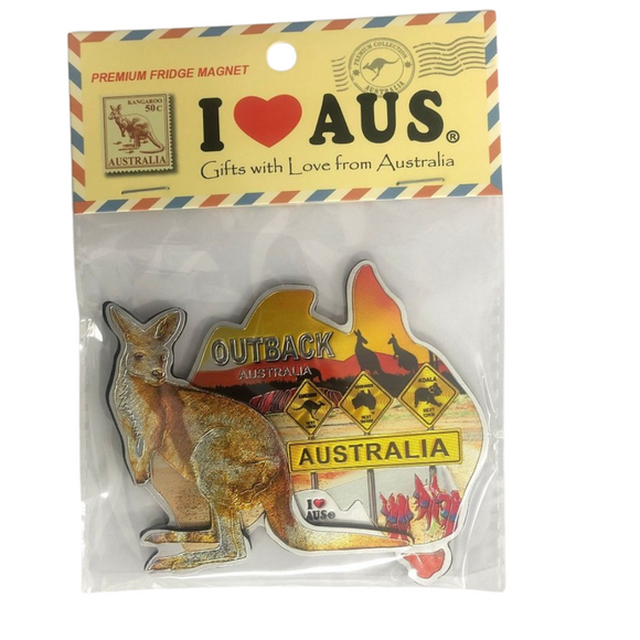 Aussie souvenir fridge magnet- Outback/map/kanga 2 layers foil finish