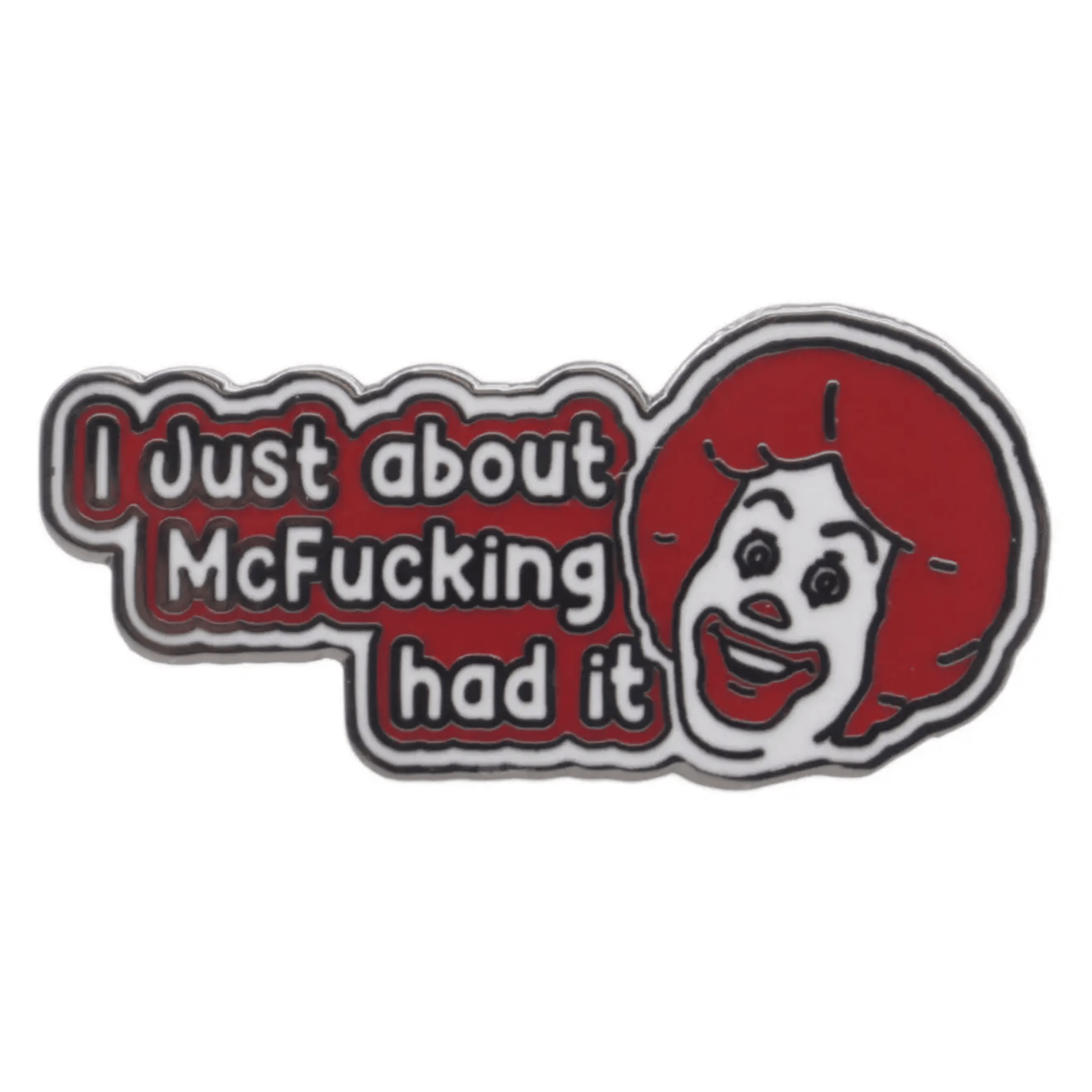 Metallic enamel pin with a cartoon character and text on a white background