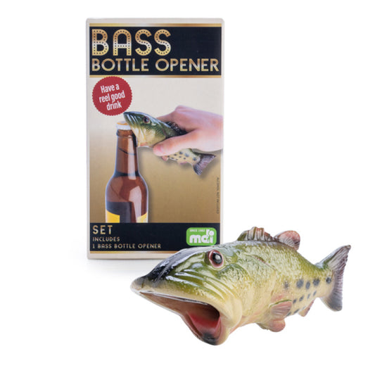 Bass bottle opener with packaging on a white background
