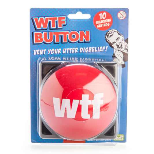 Red 'WTF' button in packaging with blue background and text.