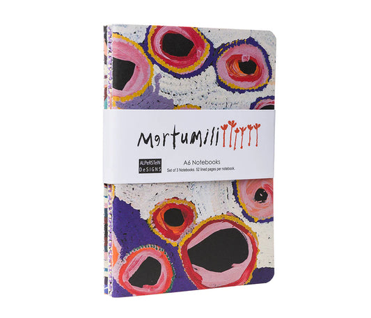 A6 Notebook set of three- Martumili design  (10.5 x 14.8 cm) Front cover on a white background.