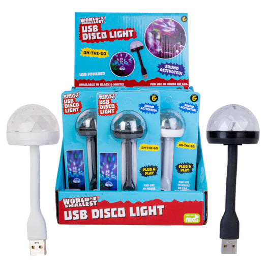 World's Smallest USB Disco Light packaging with disco light on a white background