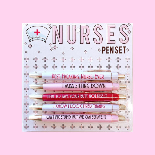 A neutral package with text Nurses Pen set. The pens are pink with each having a witty slogan placed on a pink background.