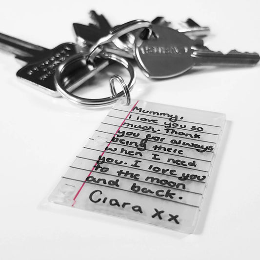 A set of keys and a small accessory in the shape of the letter with texta script on a white background.
