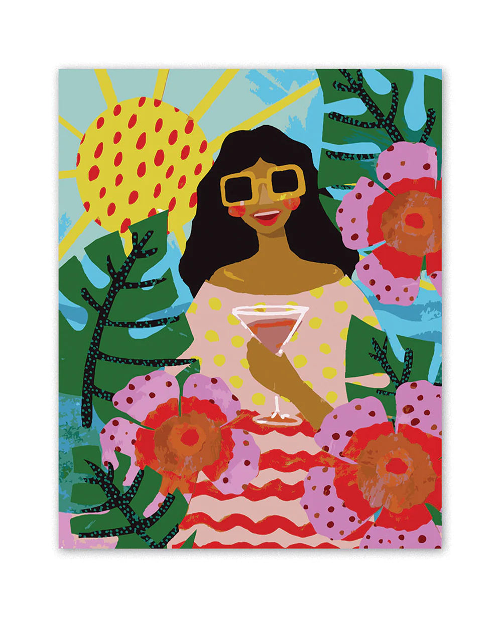 Colorful illustration of a woman with sunglasses, flowers, and a cocktail.