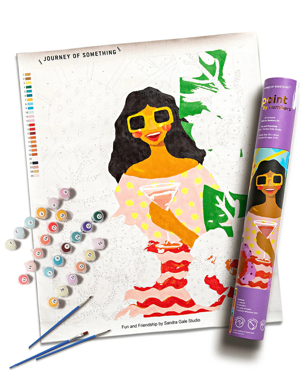 Coloring book with a colorful illustration of a woman, paint swatches, and a paint roller on a white background.