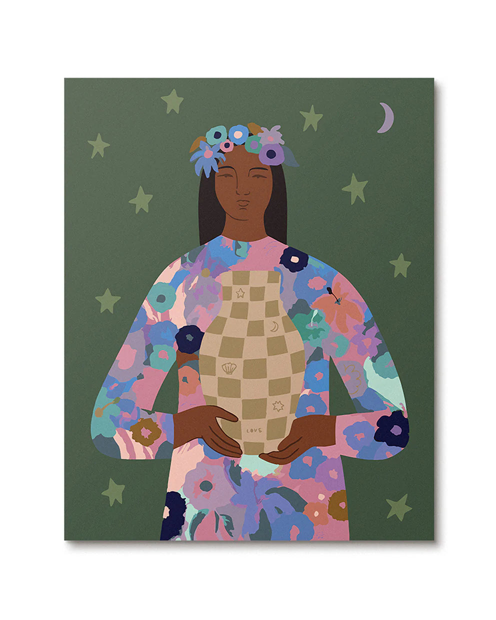 Colorful illustration of a woman holding a vase against a green background with stars and a moon.