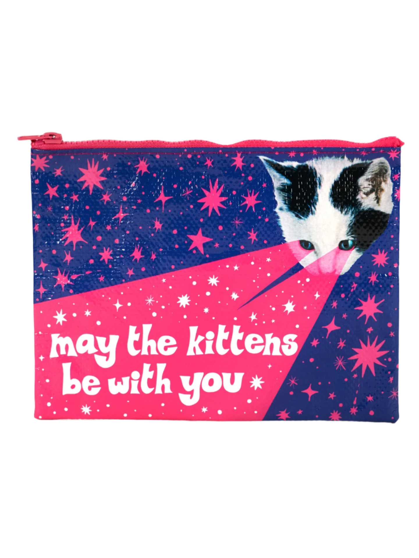 A purple Blue Q zipper pouch featuring a black and white kitten in the top right corner. It is beaming pink light rays from its eyes and twinkling pink stars. The slogan reads: May the kittens be with you.