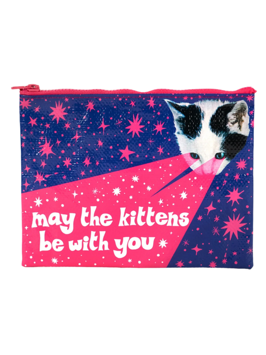 A purple Blue Q zipper pouch featuring a black and white kitten in the top right corner. It is beaming pink light rays from its eyes and twinkling pink stars. The slogan reads: May the kittens be with you.