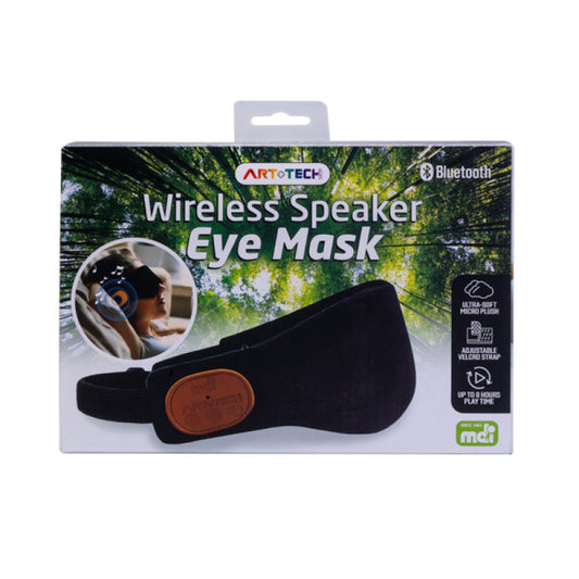 Artotech wireless speaker eye mask packaging with product image and features on a white background