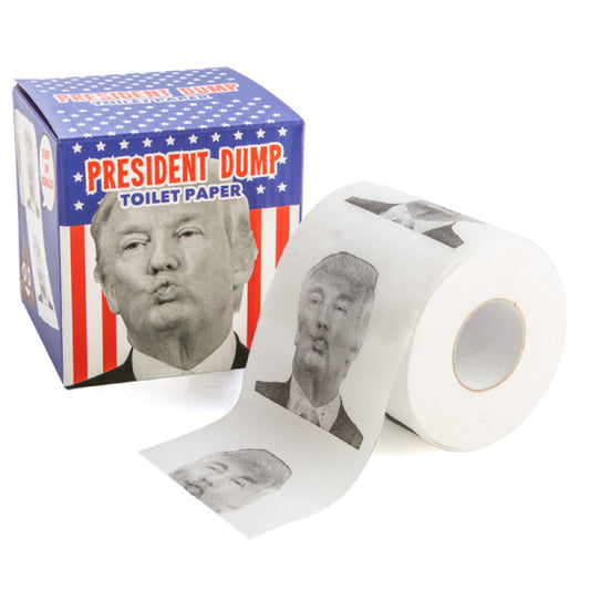 Roll of toilet paper with printed faces and a box labeled 'President Dump' on a white background