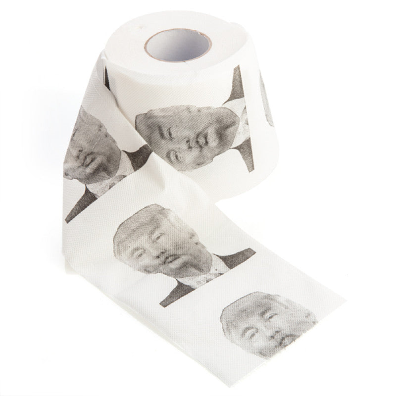 Roll of toilet paper with black and white images printed on it.