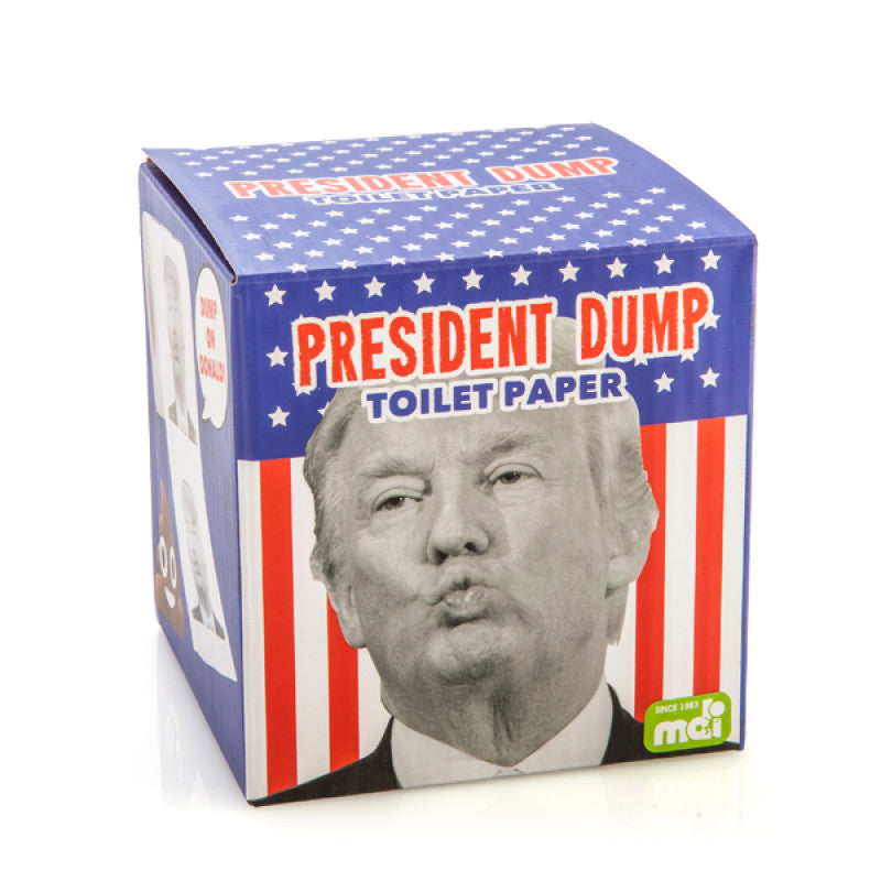 Box of 'President Dump' toilet paper with a face on it, featuring the American flag design.