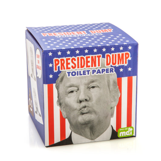 Box of 'President Dump' toilet paper with a face on it, featuring the American flag design.