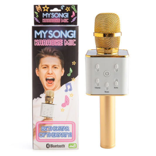 Gold karaoke microphone with packaging featuring a person and colorful text on a white background