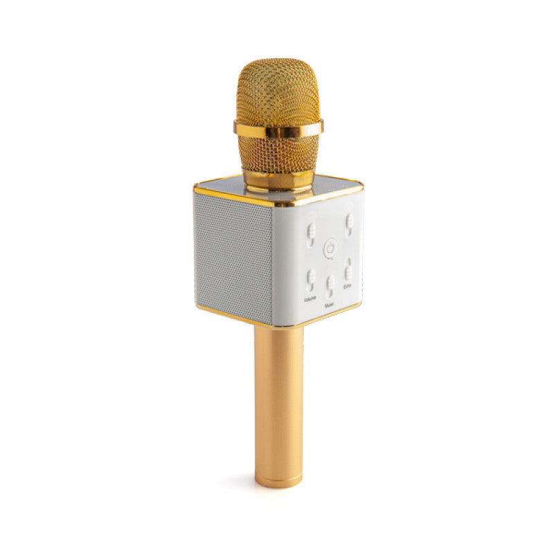 Gold microphone with a silver square base on a white background