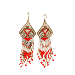 Beaded Aztec red/cream drop earrings by SKG