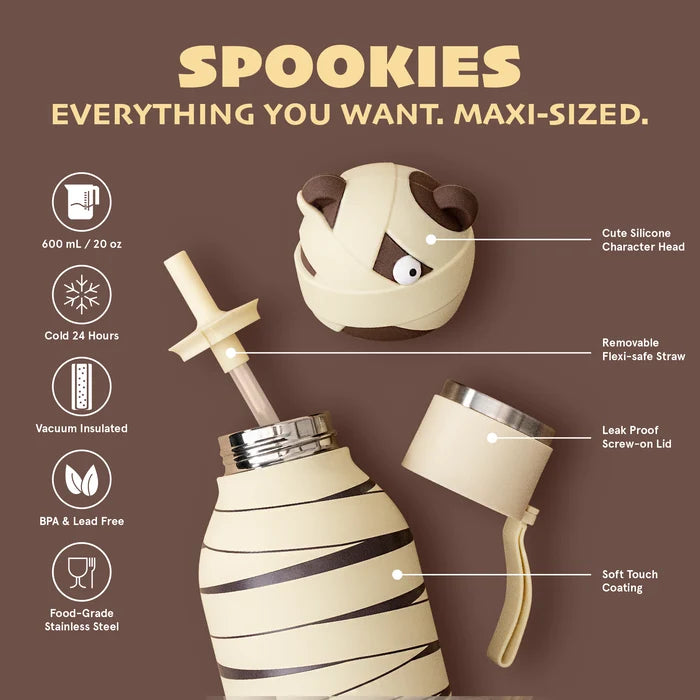 Spookies drink bottle elements on a brown background.