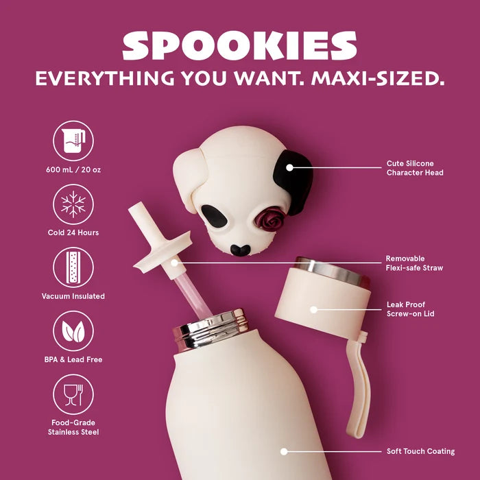 Spookies drink bottle showing the different elements and description of its features on a pink background.
