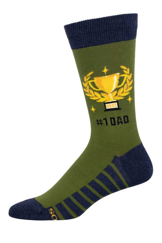 Green sock with navy accents featuring a gold trophy and '#1 Dad' text on a white background